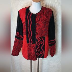 Allure black and red button front gold trim jacket size M women's sweater top